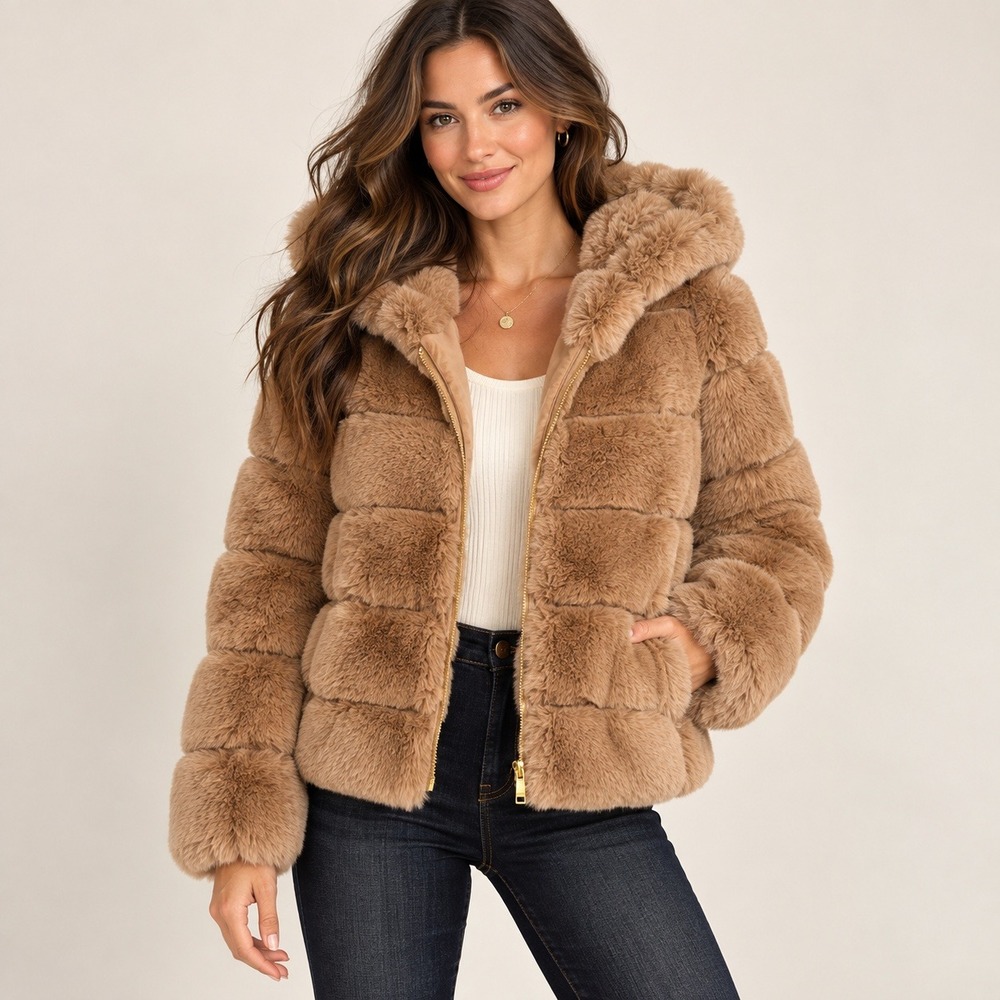 Boston Proper Faux Fur Hooded Jacket Women S Camel Teddy Plush Coat Mob Wife NWT